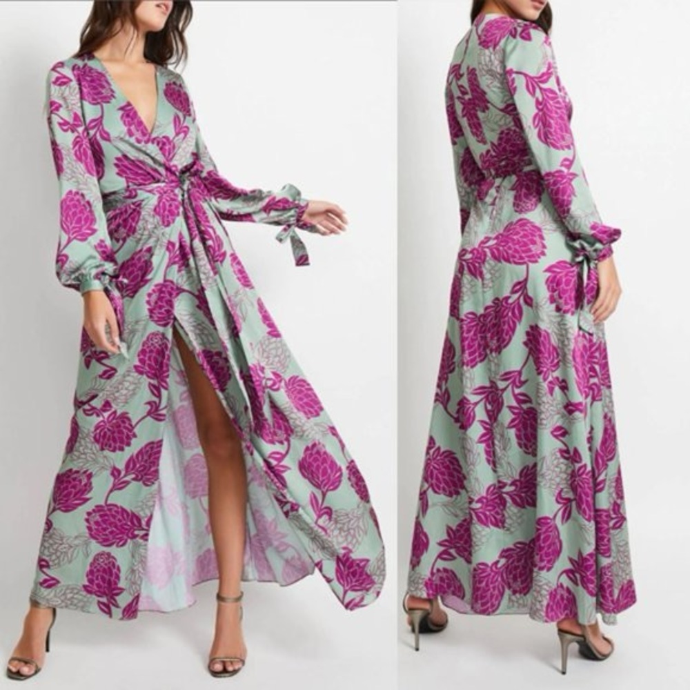 PatBO Celia Floral Protea Flower Satin Wrap Maxi Dress